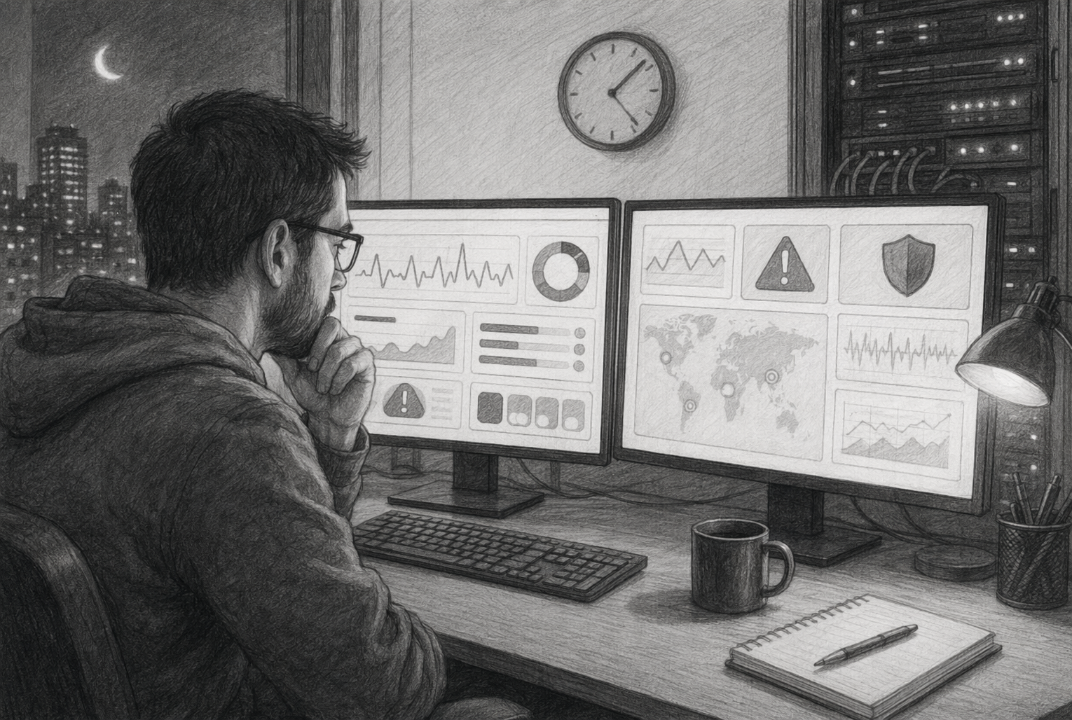 Técnico revisando panel de alertas web nocturno