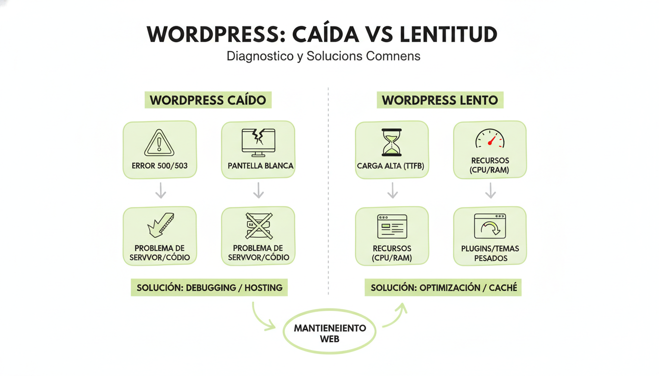 WordPress caído versus lento: errores 500, tiempo carga, recursos agotados