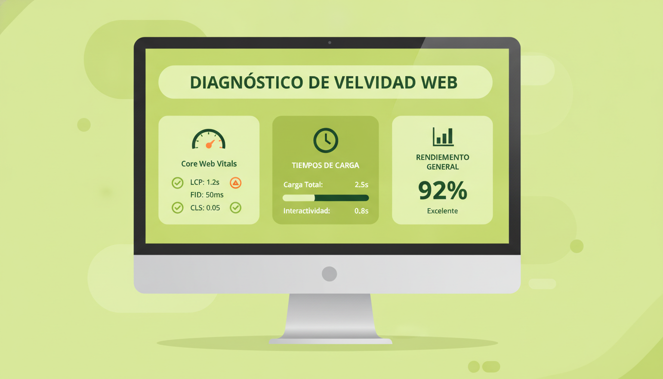 Herramienta diagnóstico mostrando Core Web Vitals y tiempos carga web