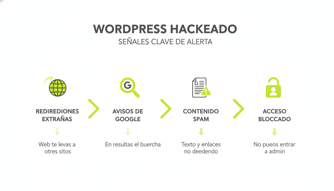 Señales visuales de WordPress comprometido: redirecciones spam, advertencias y contenido inyectado malicioso