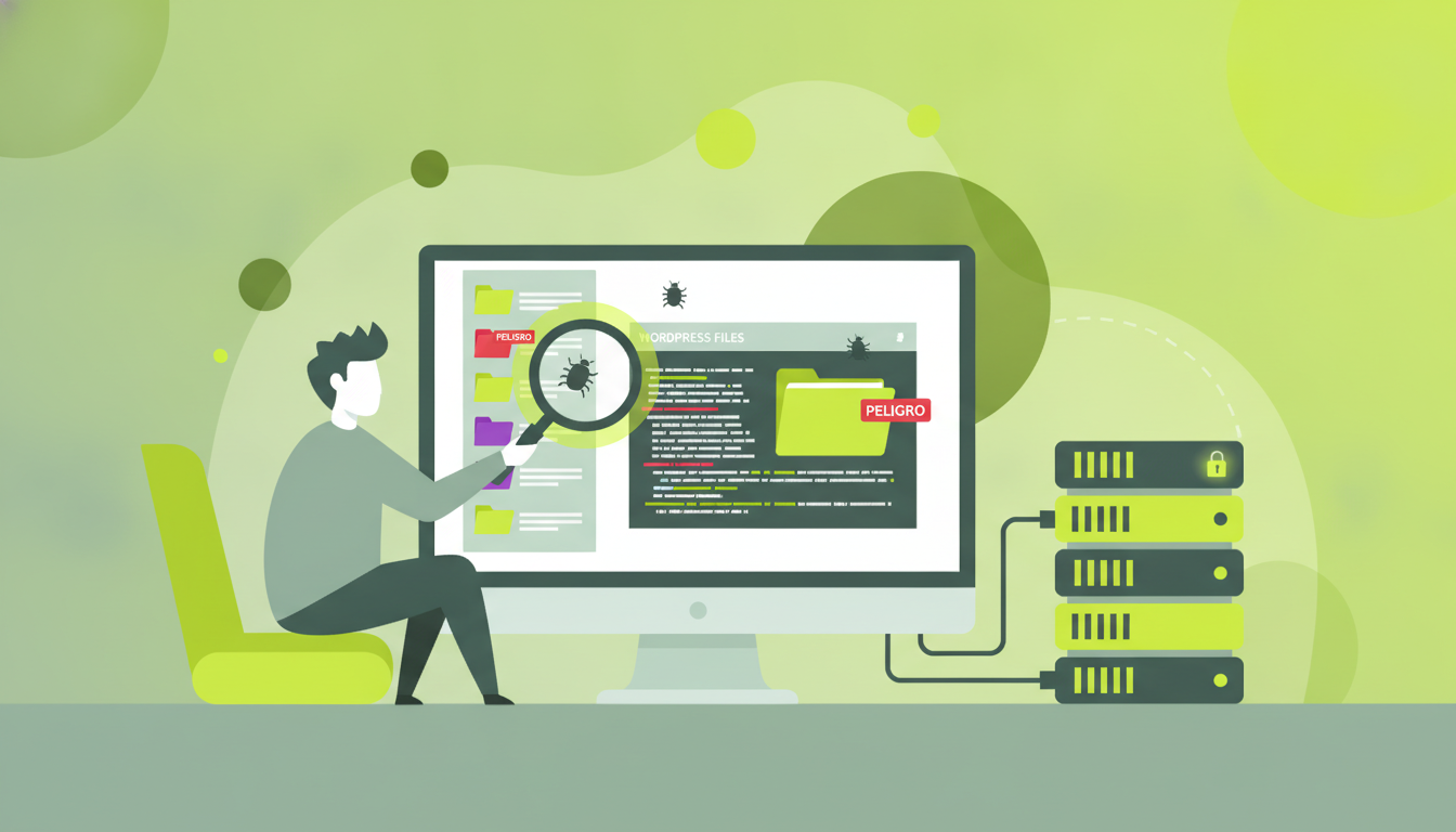Técnico experto inspecciona servidor WordPress detectando posible malware