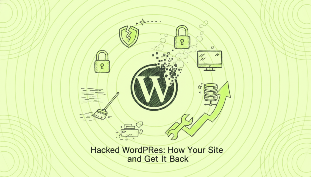 Sitio web WordPress comprometido con candado roto y alerta seguridad