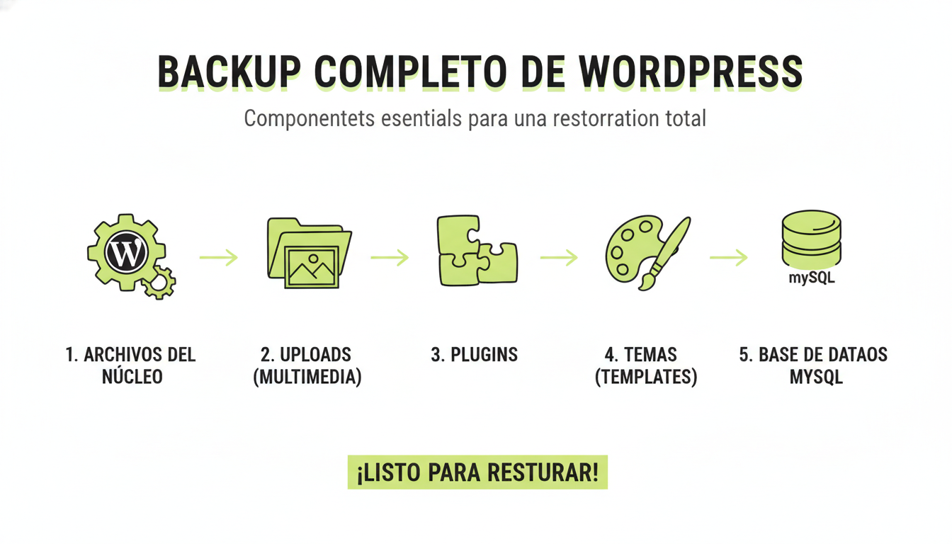 Componentes backup WordPress: núcleo, uploads, plugins, temas, base datos
