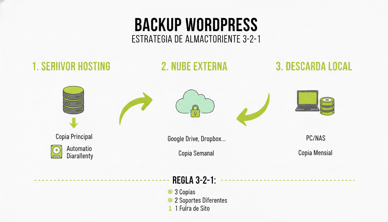 Estrategia backup WordPress con tres copias en diferentes ubicaciones