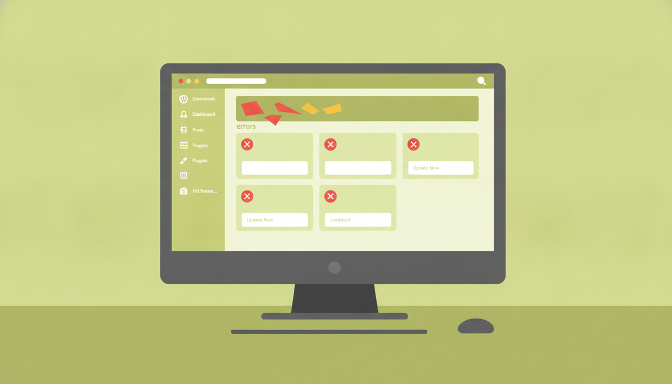 Panell WordPress amb errors crítics i plugins sense actualitzar