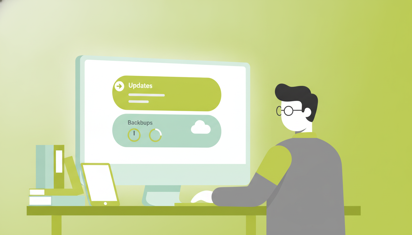 Tècnic revisa panell WordPress amb actualitzacions i còpies de seguretat programades