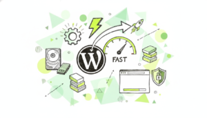 Portada artículo optimización WordPress con elementos velocidad y eficiencia