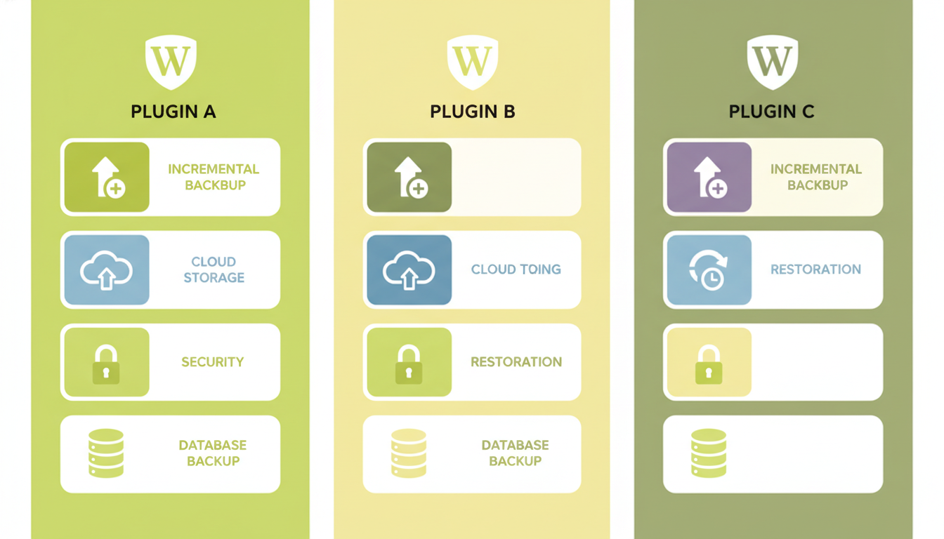 Taula comparativa visual plugins còpies de seguretat WordPress amb icones de funcions